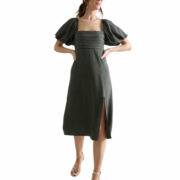miami Dresses & Skirts - Mi Ami For Francesca’s Elegant Olive Green Puff Sleeve Midi Dress – Square Neck